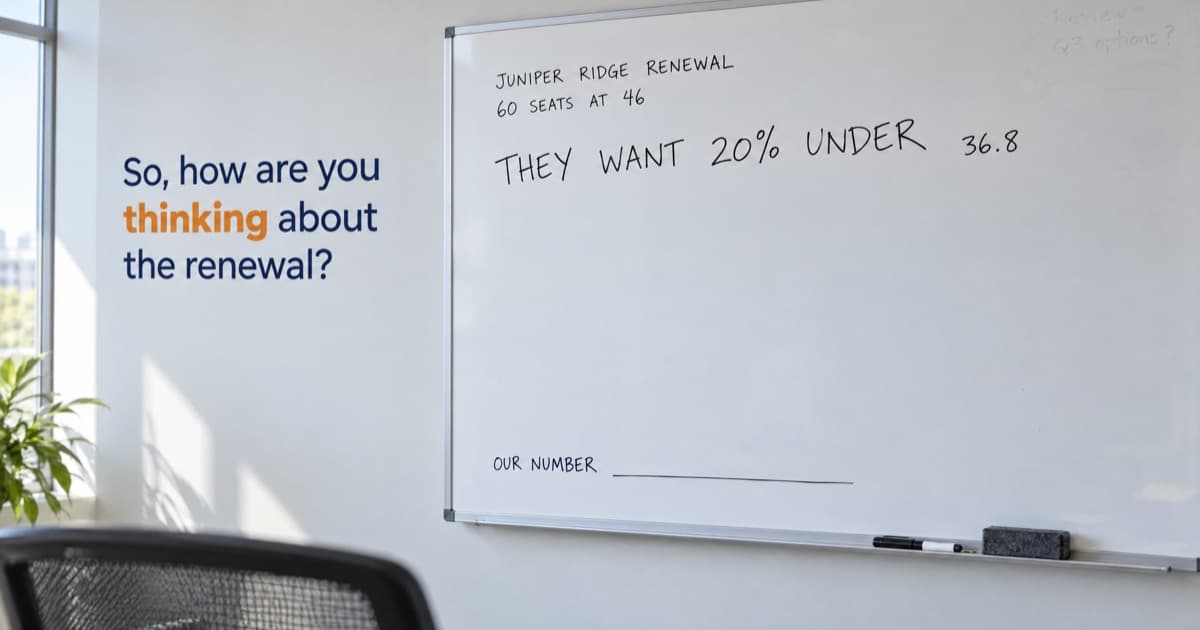A wall-mounted office whiteboard in bright daylight headed Juniper Ridge Renewal and 60 seats at 46, with THEY WANT 20% UNDER 36.8 written large below it and an empty ruled line labelled OUR NUMBER at the bottom, a marker and eraser resting on the tray, beside the line So, how are you thinking about the renewal? with the word thinking in orange