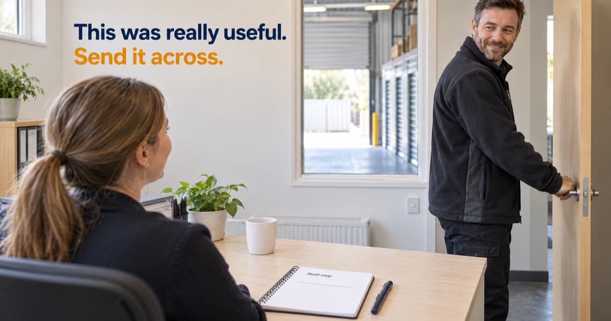A buyer standing with his jacket on at the end of a meeting in a storage facility office while the seller is still seated with an open notebook whose Next step line is blank, beside the line This was really useful. Send it across.