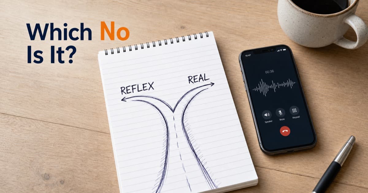 A fork in a hand-drawn path on a notepad, one branch labeled 'reflex' and the other 'real', beside a phone mid-call with a waveform