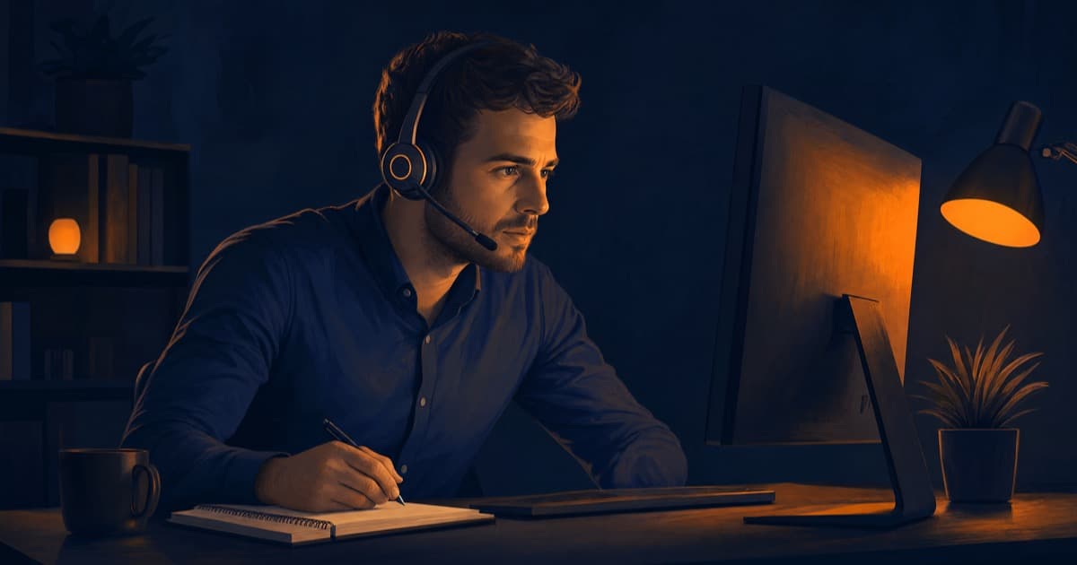 A sales rep at a desk mid cold call, headset on, focused on a monitor