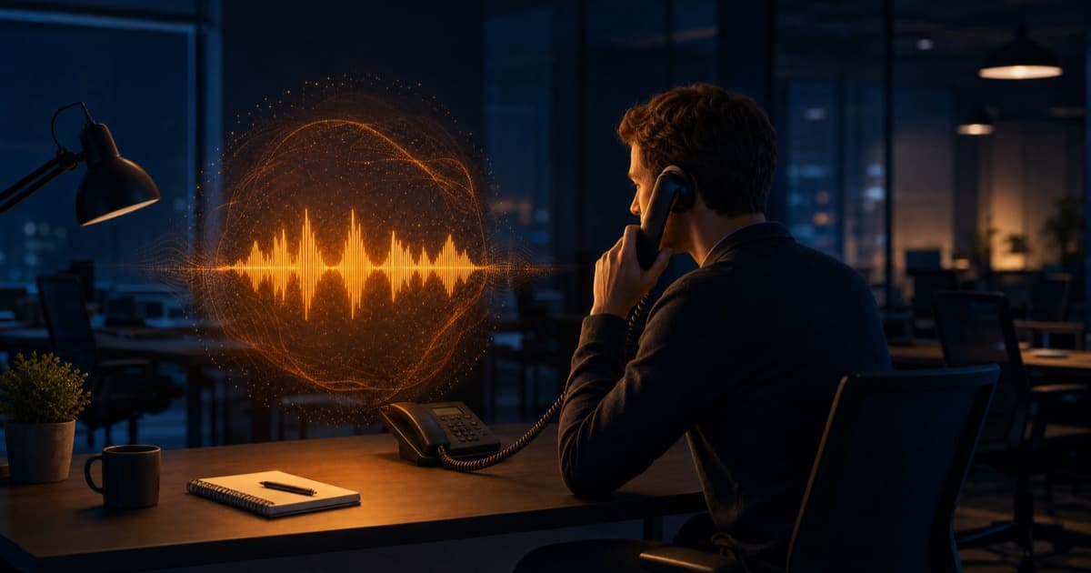A sales rep wearing a headset practicing a cold call at a laptop, evening light