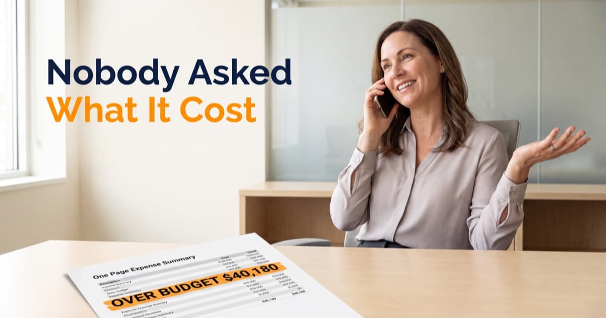 A smiling sales rep on a phone call in a bright office, one hand raised mid-gesture, while a printed one-page expense summary on the desk in front of her carries an orange-highlighted line reading OVER BUDGET $40,180