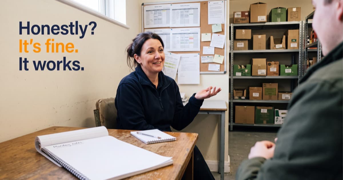 A grocery operations director in a navy work fleece seated at a wooden table in a bright stockroom office, smiling mid-sentence with one hand open, a pinboard of printed weekly shift sheets behind her and steel shelving of stock boxes to the right, the rep's shoulder in the near foreground and an open spiral notepad on the table carrying the single line Monday notes above a blank page, under the line Honestly? It's fine. It works.