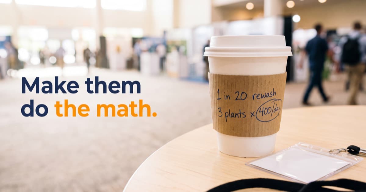 A takeaway coffee cup on a small round table at a trade show, its kraft sleeve handwritten with the lines 1 in 20 rewash and 3 plants x 400/day with the figure circled, a blank badge holder on a lanyard beside it and the expo hall blurred behind, next to the line Make them do the math with the last three words in orange