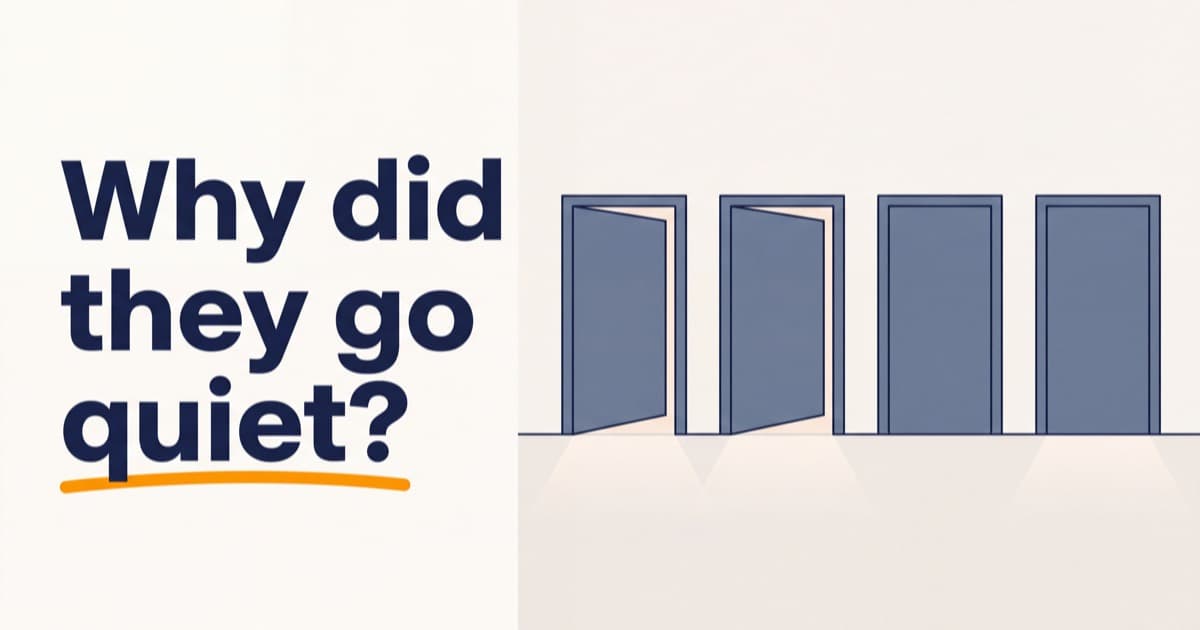 Flat vector illustration of four plain doors along a pale wall, the first two standing ajar with light spilling onto the floor and the last two shut, with the question Why did they go quiet? set in navy across the left third and the word quiet underlined in orange