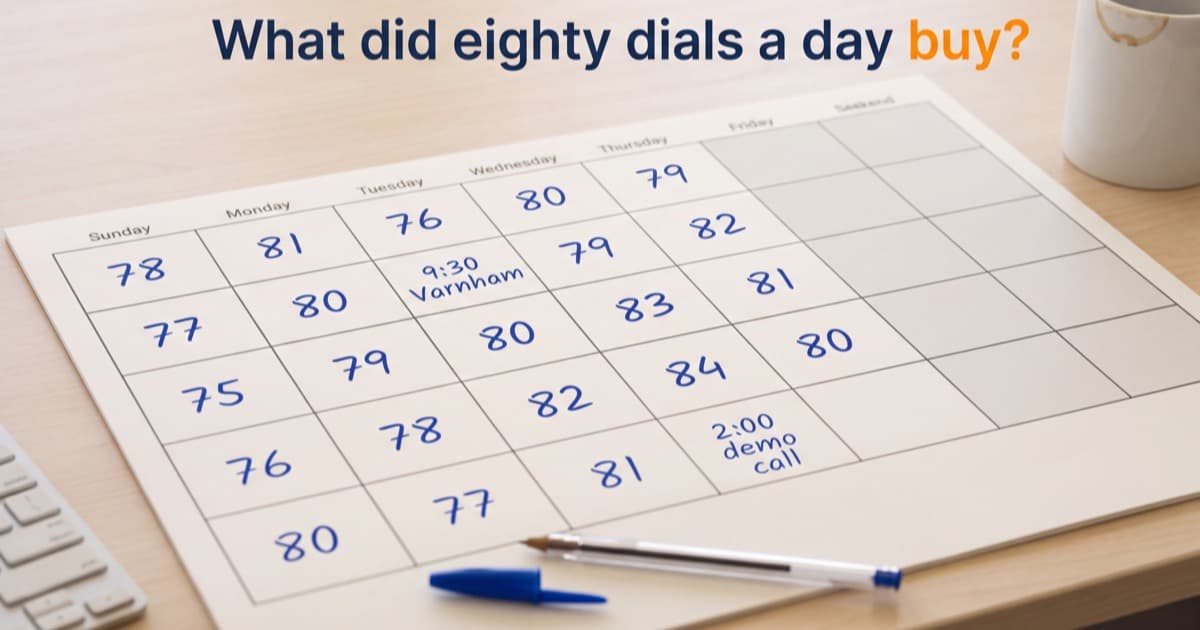 A paper month calendar on a pale wood desk beside a keyboard, a mug and a dropped blue ballpoint, every weekday square filled in blue pen with a dial count in the seventies or eighties and only two squares carrying anything else, a 9:30 Varnham callback and a 2:00 demo call, under the question What did eighty dials a day buy?