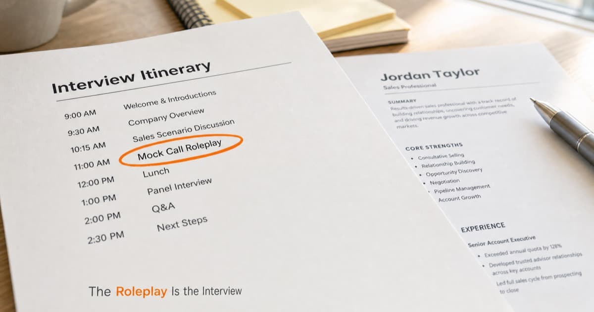 Close-up desk shot of a printed interview itinerary with the 11:00 AM Mock Call Roleplay slot circled in orange marker, a resume and pen resting beside it, bright desk