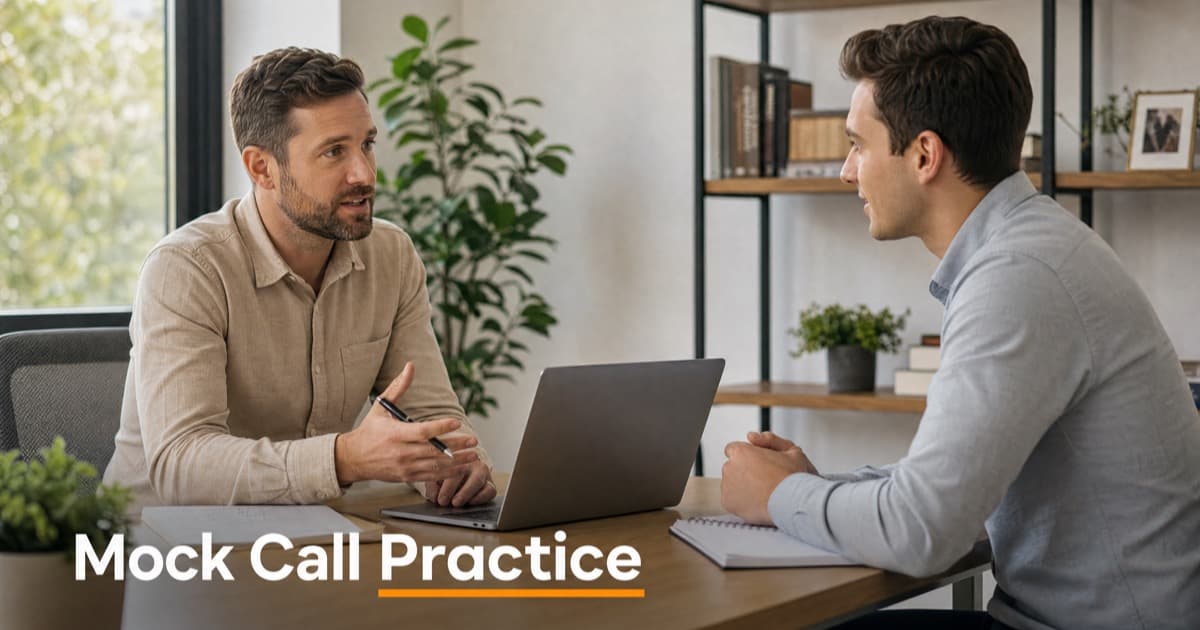 A sales manager and a new rep facing each other at a desk during a mock call exercise, notes and a laptop between them