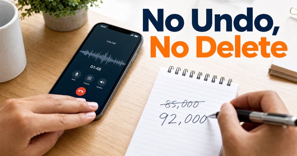 A hand steadies a smartphone on a live call while the other writes 92,000 under a crossed-out 85,000 on a spiral notepad