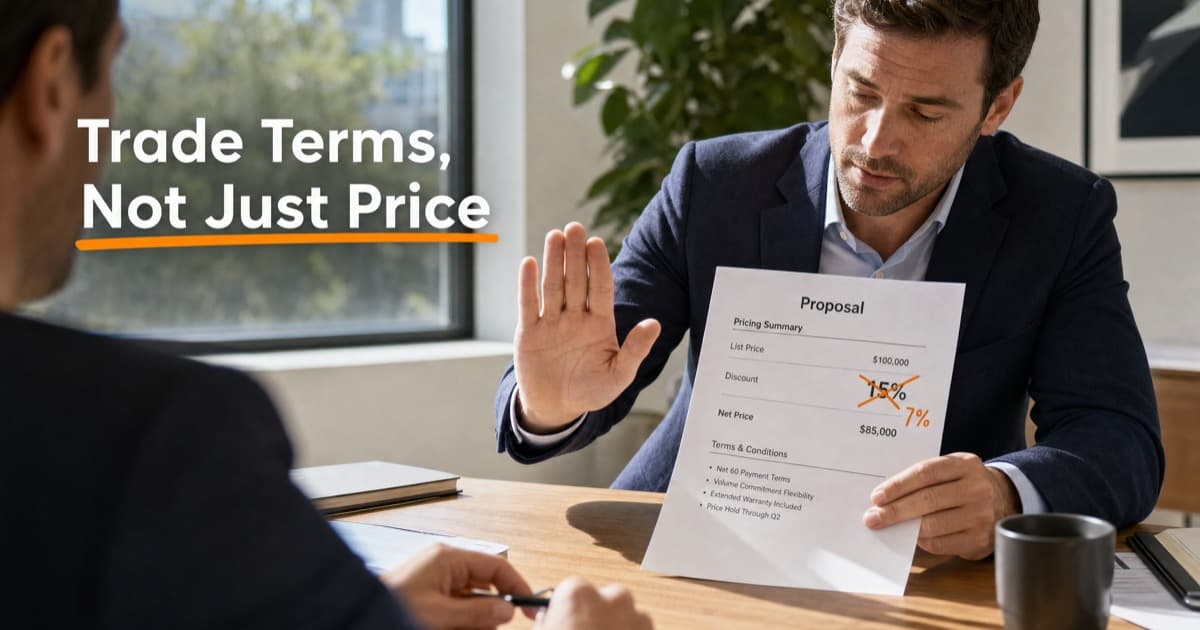 Two people at a desk mid-negotiation, one holding up a hand to pause while showing a printed proposal with a 15% discount crossed out and 7% written beside it
