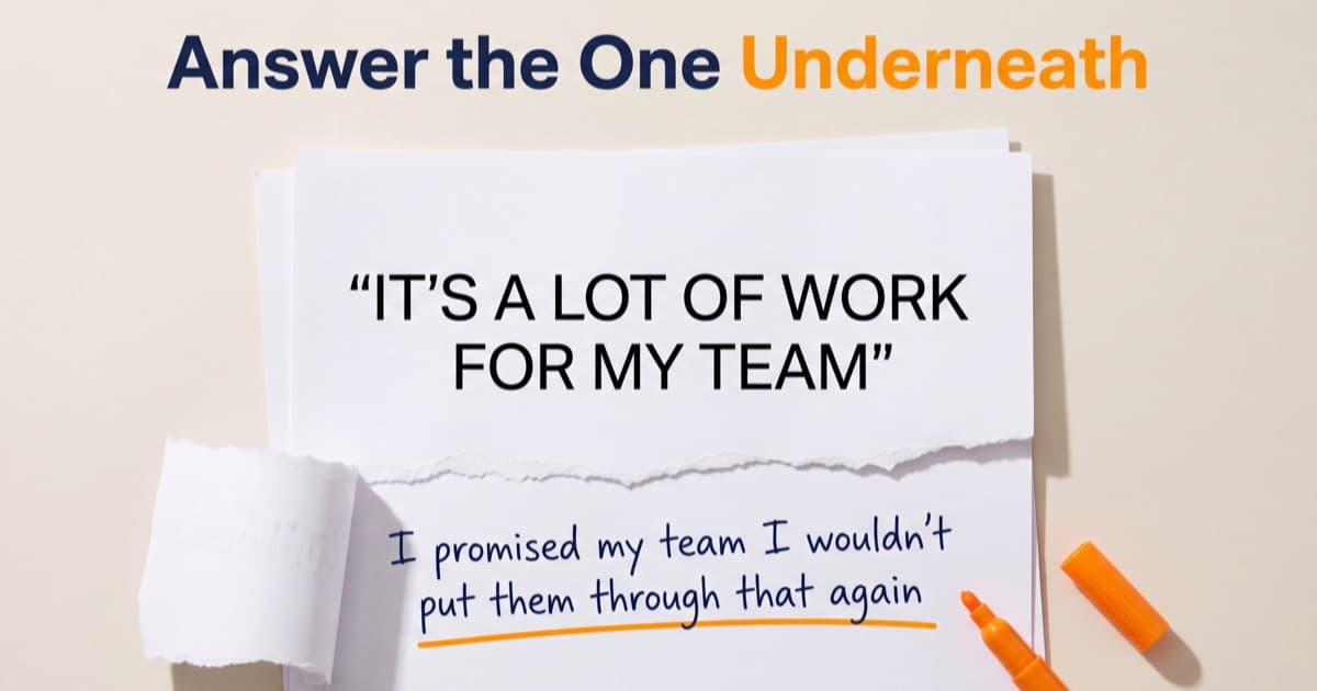 An overhead shot of printed sheets on a cream desk, the top sheet reading IT'S A LOT OF WORK FOR MY TEAM and torn straight across, the tear revealing a handwritten line underneath about having promised the team they would not go through that again, underlined in orange beside an uncapped orange marker