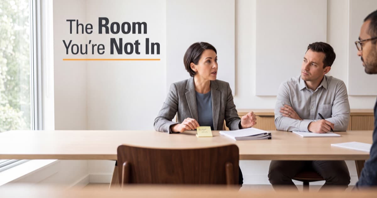 Three colleagues around a long light wood table in a bright meeting room, one of them mid-sentence with notes and a sticky note in front of her, an empty chair pulled up to the near side of the table in the foreground