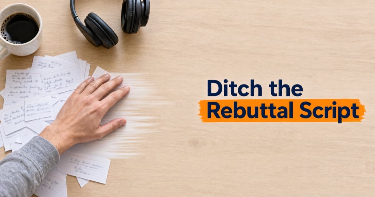 A hand sweeping aside handwritten objection flashcards on a bright desk, next to a headset