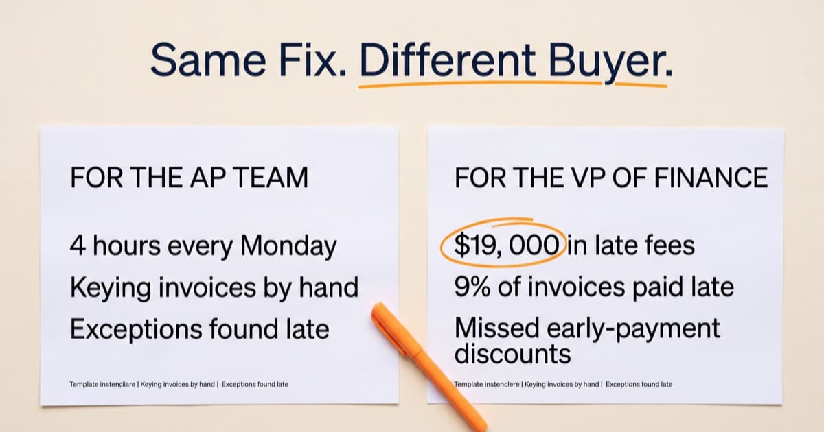 Two printed sheets side by side on a cream surface under the title Same Fix. Different Buyer. with Different Buyer underlined in orange, the left sheet headed For the AP Team listing 4 hours every Monday, keying invoices by hand and exceptions found late, the right sheet headed For the VP of Finance with $19,000 in late fees circled in orange above 9% of invoices paid late and missed early-payment discounts, an orange pen resting between them