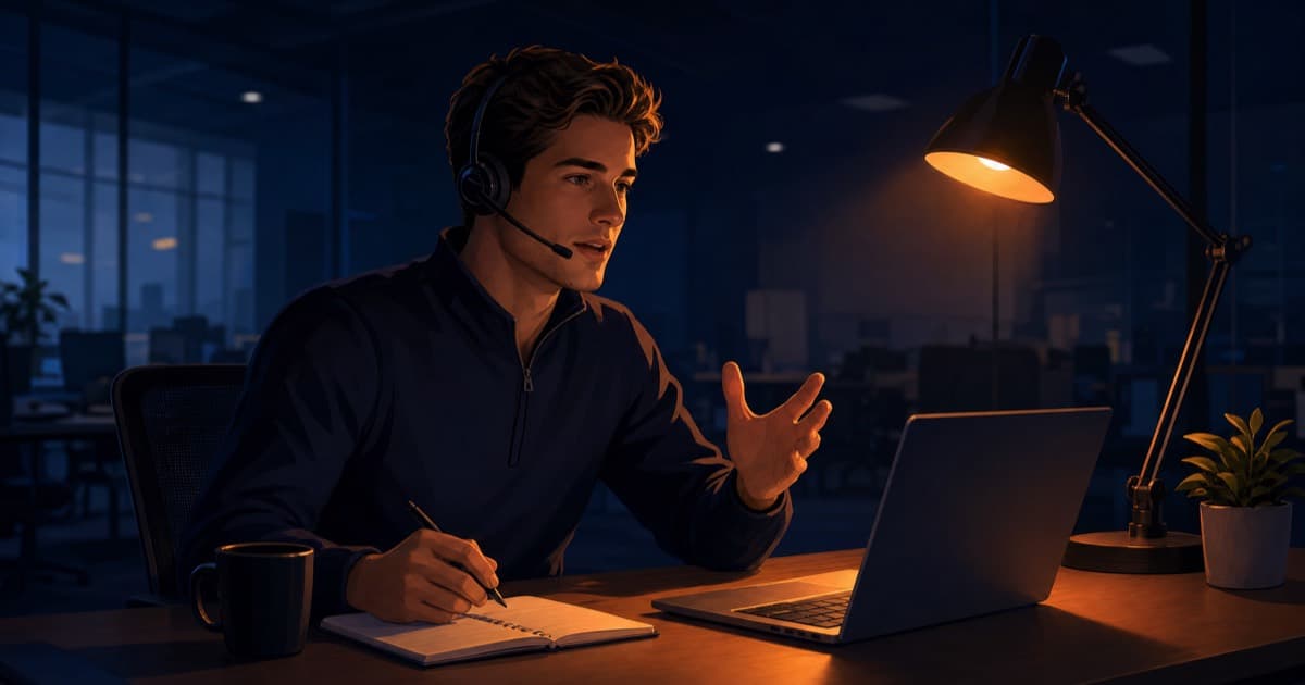 A sales rep practicing a cold call alone at a desk with a headset on