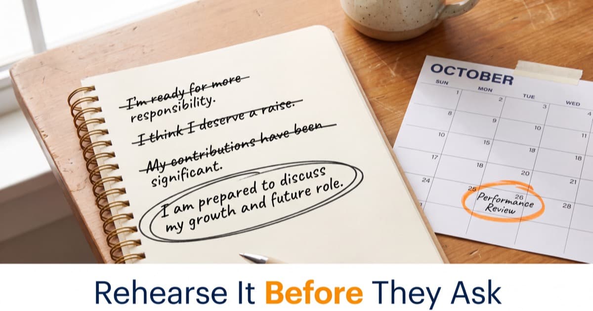 A notepad with three crossed-out drafts of a raise ask and a final version circled, beside a calendar with performance review circled in orange