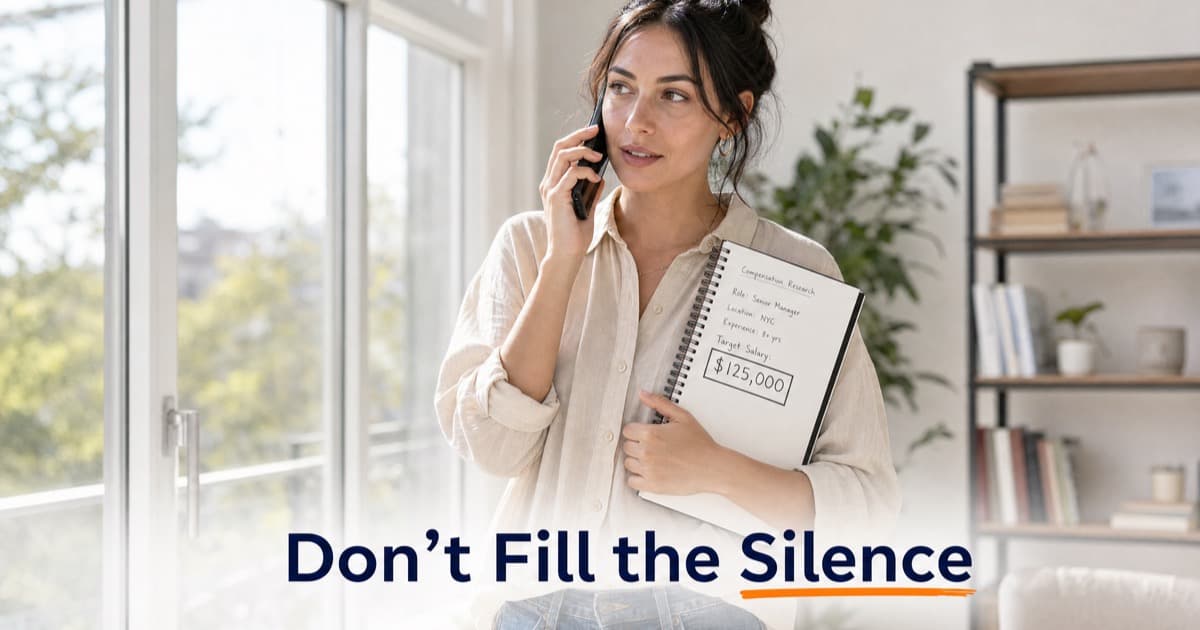 A person standing by a bright window on a phone call, holding a notebook with a target salary of $125,000 written on it