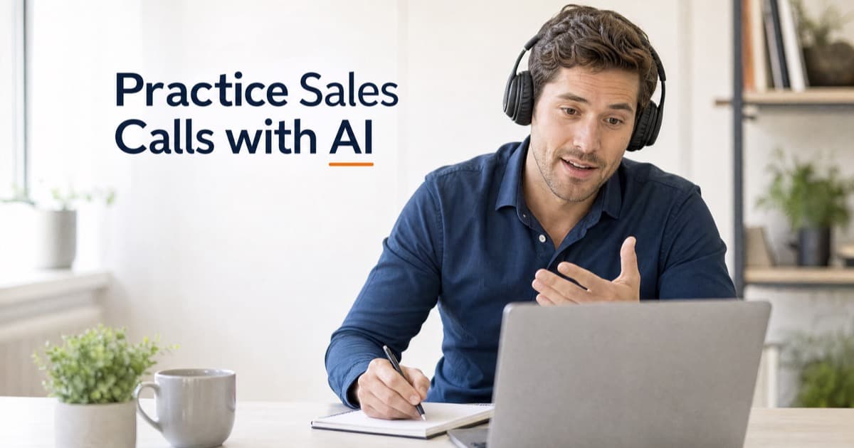 A sales rep rehearsing a call at a laptop with headphones on, notebook open beside the keyboard