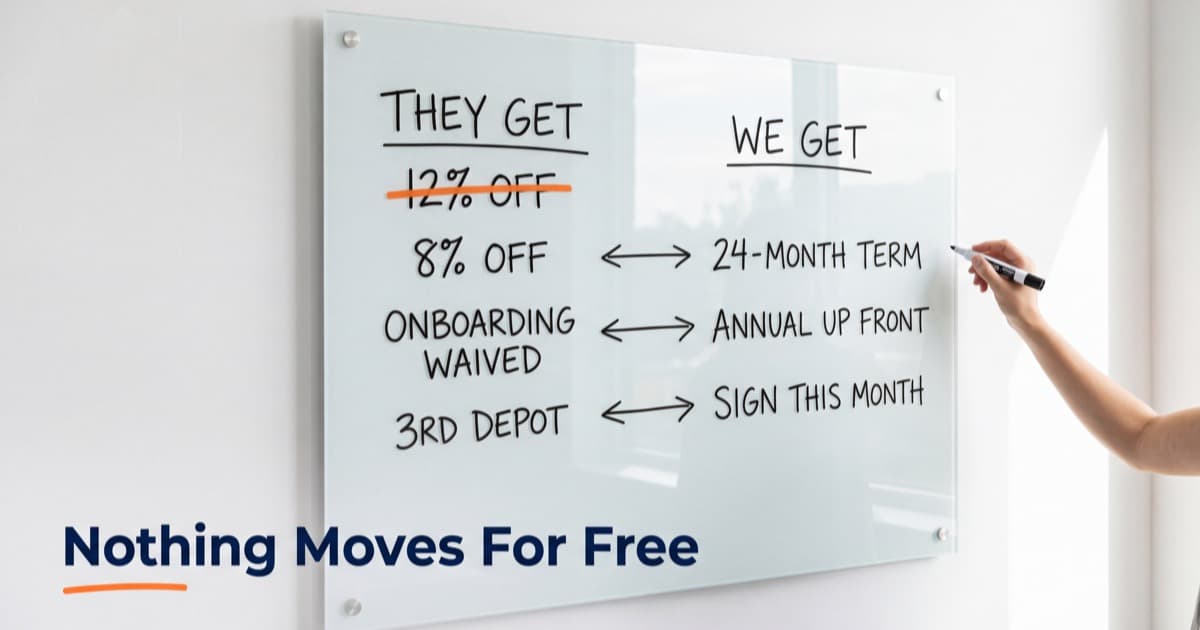 A glass whiteboard in a bright white office with two handwritten columns, THEY GET and WE GET, each concession joined by an arrow to something given in return, 12% OFF struck through in orange at the top, and a hand holding a marker at the right edge, beside the words Nothing Moves For Free