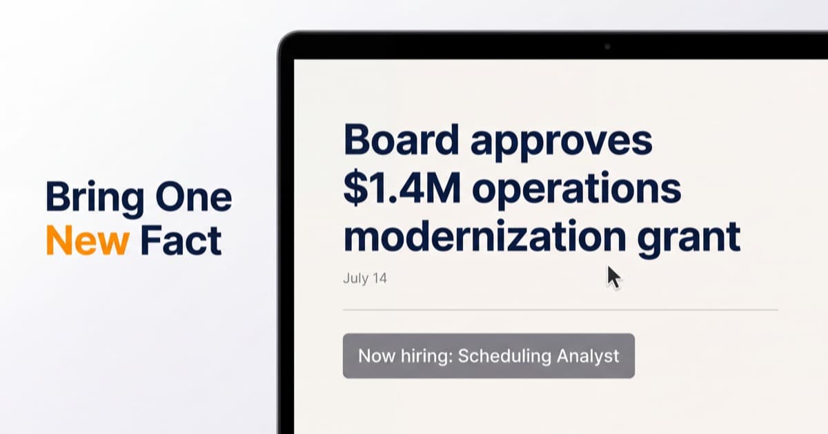 A laptop angled across a pale desk showing a news page headlined Board approves $1.4M operations modernization grant, dated July 14, with a grey Now hiring: Scheduling Analyst tag below it, and the line Bring One New Fact set in navy and orange on the white wall to the left