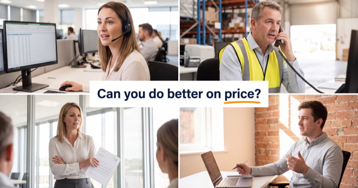 Four-panel grid of different buyers mid-conversation: a woman on a headset at an office monitor, a warehouse manager in a hi-vis vest on a desk phone, a woman holding a printed quote while talking to a seated colleague, and a man gesturing over a laptop against exposed brick, with the question Can you do better on price? set across the center in navy on a white band, the word price underlined in orange