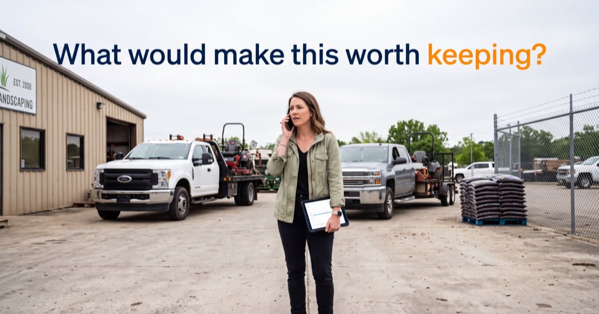A saleswoman standing in a bright equipment yard outside a landscaping depot, phone held to her ear mid-call, a tablet at her side showing a flat usage line, with the question What would make this worth keeping? set in navy and orange across the sky above her
