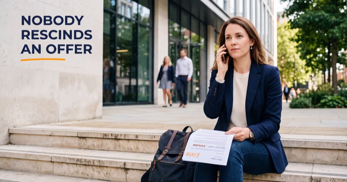 A woman in a navy blazer sitting on the sunlit stone steps outside a modern office building, phone at her ear mid-call, holding an offer letter turned away from the camera so the struck-through base salary and the handwritten 145K show through the page in reverse orange, a backpack beside her and passers-by behind, next to the words Nobody Rescinds An Offer