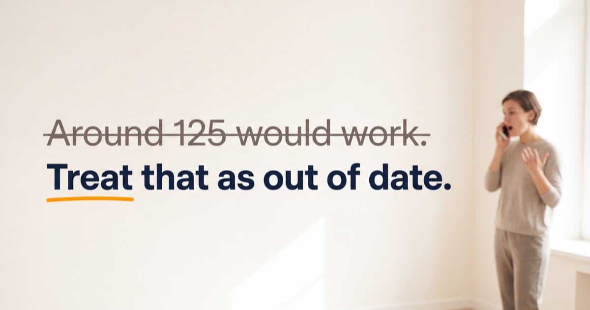 A woman standing on a phone call in a bright room, beside the words 'Around 125 would work.' struck through and 'Treat that as out of date.' written below in navy