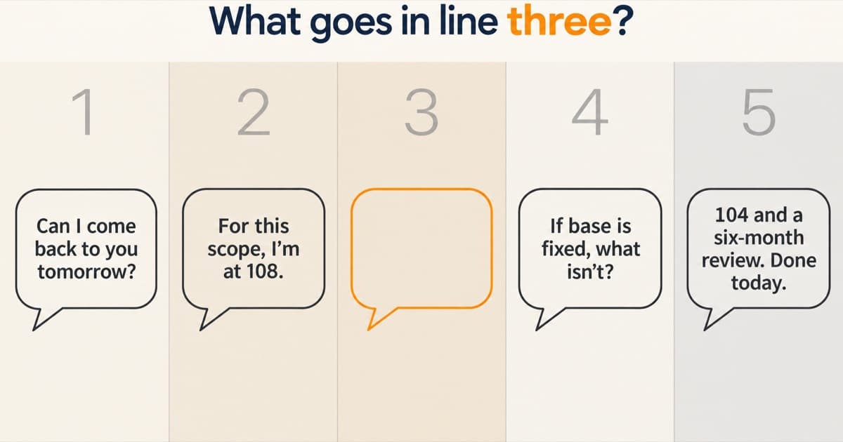 A five-panel strip of a salary negotiation script, four panels holding one short spoken line each and the third panel holding an empty speech bubble outlined in orange, beside the words 'What goes in line three?'