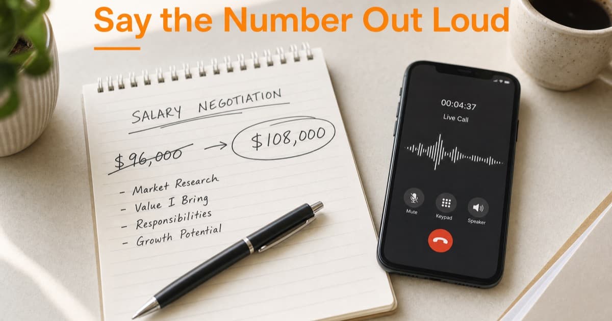 Overhead desk shot of a salary negotiation notepad with $96,000 crossed out and $108,000 circled, next to a phone on a live call