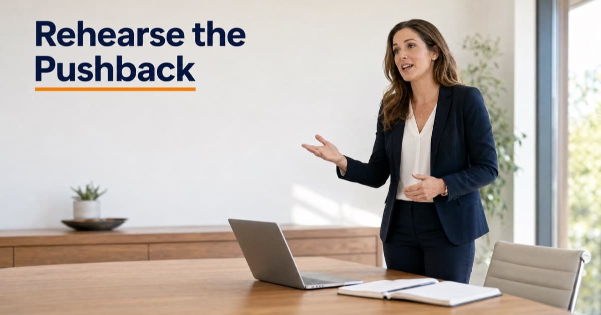 A sales rep standing in a bright meeting room, rehearsing her pitch out loud to an empty chair