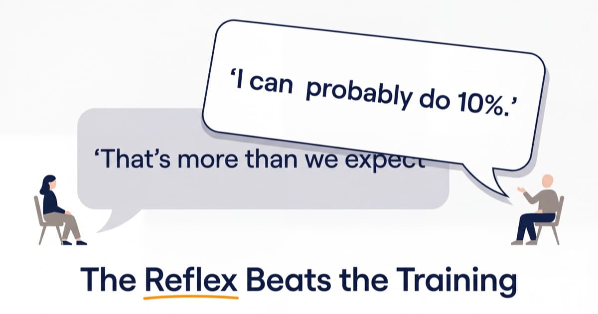 A flat illustration of two people seated on plain chairs facing each other against a white background, the buyer's gray speech bubble reading 'That's more than we expect' cut off mid-sentence by the seller's white outlined bubble overlapping in front of it reading 'I can probably do 10%.', above the title The Reflex Beats the Training with Reflex underlined in orange