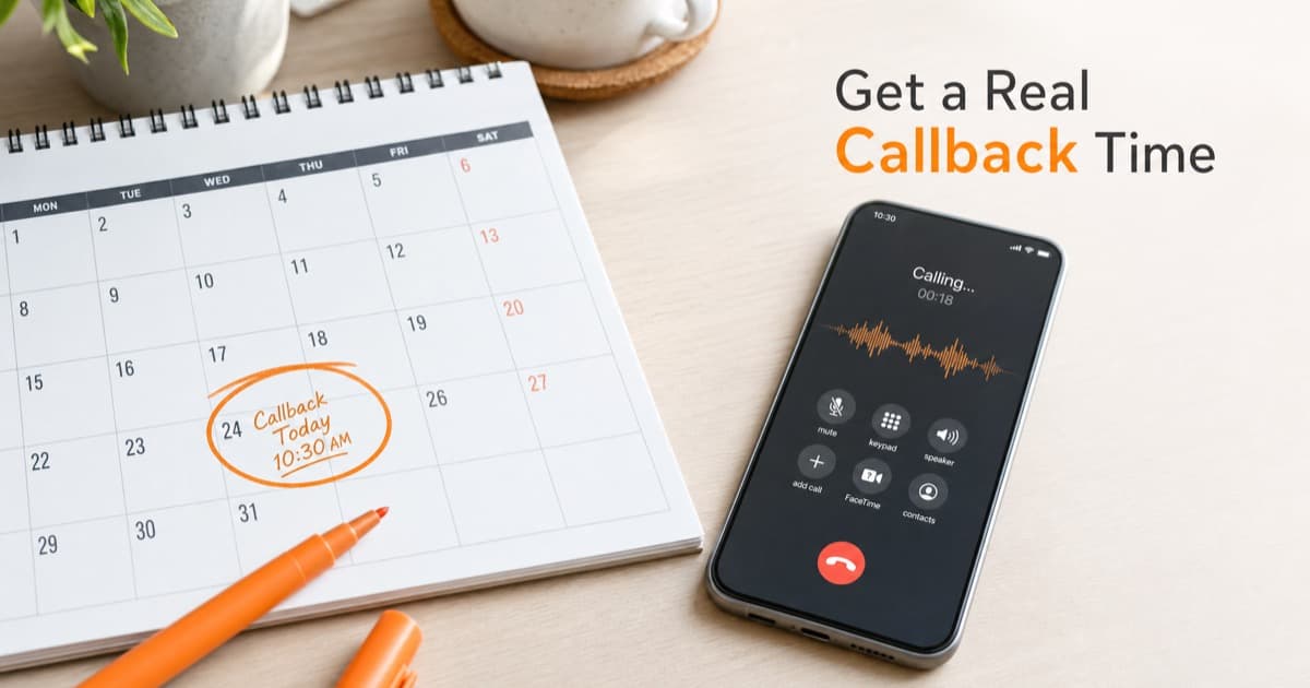 A close-up of a desk calendar page with a callback time circled in orange marker, a phone lying face-up beside it mid-call with a waveform, bright desk