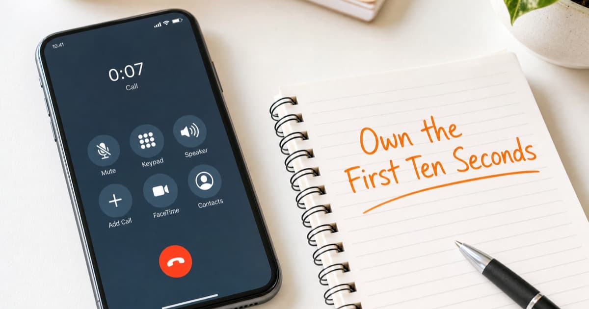 Close-up shot of a phone screen showing a call timer at seven seconds beside a single handwritten opening line on a notepad, bright desk