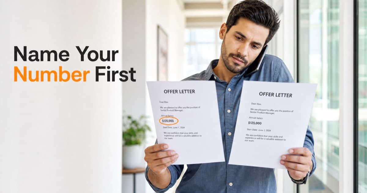 A job candidate standing in a hallway comparing two printed offer letters during a phone call with a recruiter