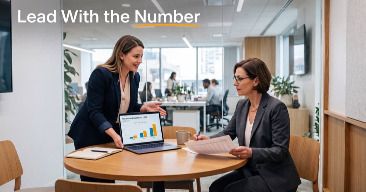 A salesperson leaning over a round table in a bright glass-walled office, turning a laptop showing a return-on-investment bar chart toward a seated CFO who is holding a printed page and a pen