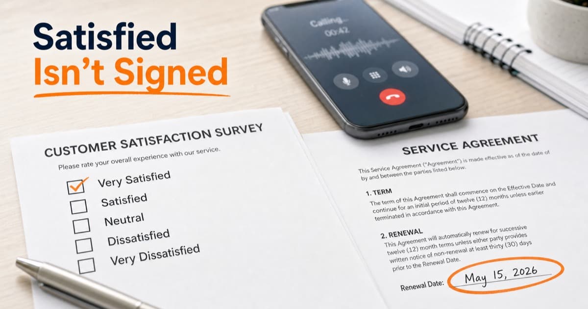 A close-up desk shot of a printed customer satisfaction survey with Very Satisfied checked, beside a contract page with a renewal date circled in orange marker, a phone lying face-up mid-call with a waveform blurred in the background, bright desk
