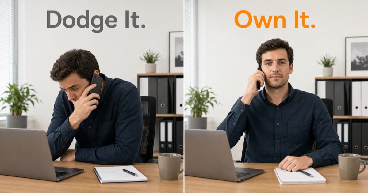 A two-panel split of the same man on a phone call at a desk, slumped and looking down at his laptop on the left, sitting upright and composed on the right