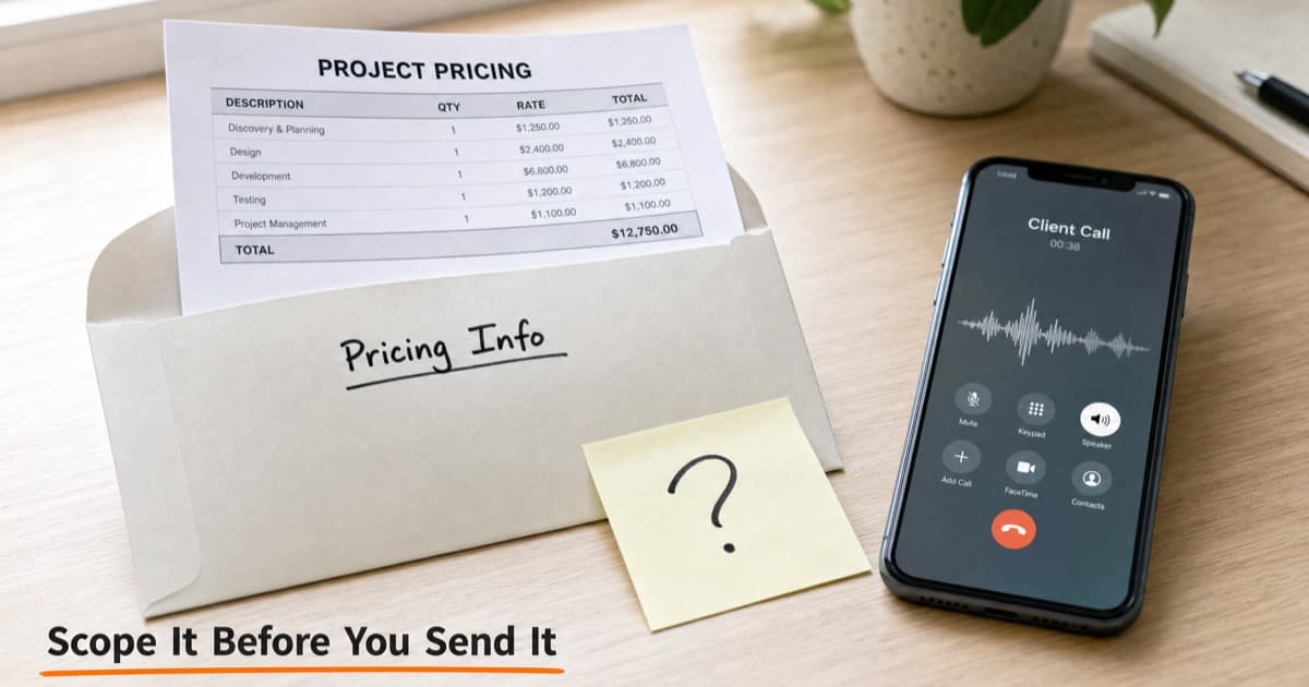 A close-up desk shot of a printed project pricing sheet half-tucked into an envelope labelled Pricing Info, a sticky note with a handwritten question mark beside it, a phone lying face-up mid-call with a waveform, bright desk
