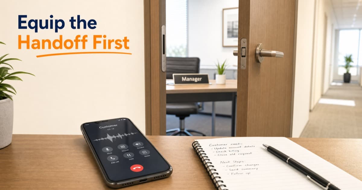 An office door left ajar with a nameplate reading 'Manager' visible through the gap, a phone lying face-up mid-call beside an open notepad on a bright desk