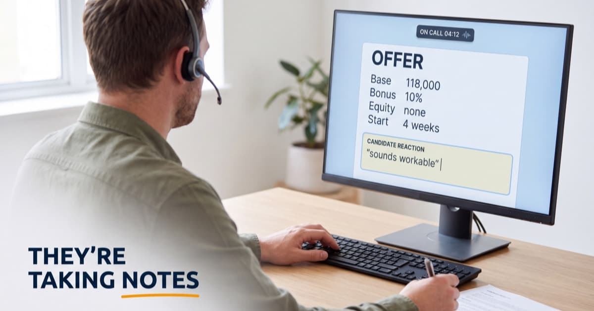 A recruiter wearing a headset on a live call, typing the candidate's reaction into an offer screen listing base, bonus, equity and start date