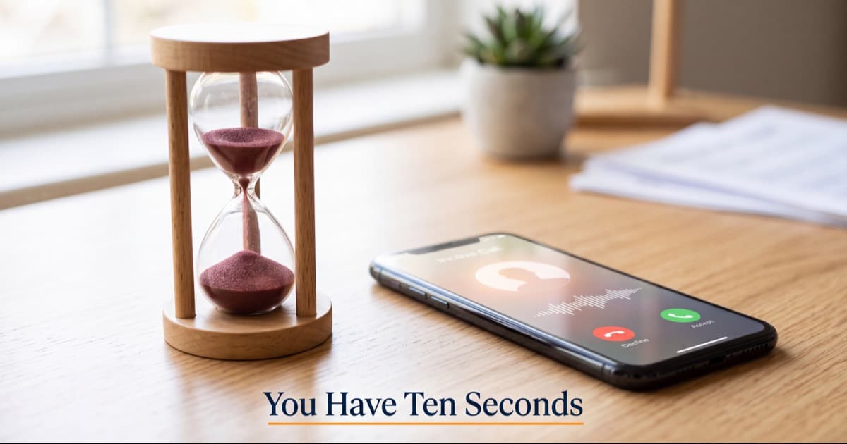 A close-up desk shot of a small wooden hourglass with the sand nearly run out, beside a smartphone lying face-up showing an incoming call with a waveform, bright wooden desk by a window