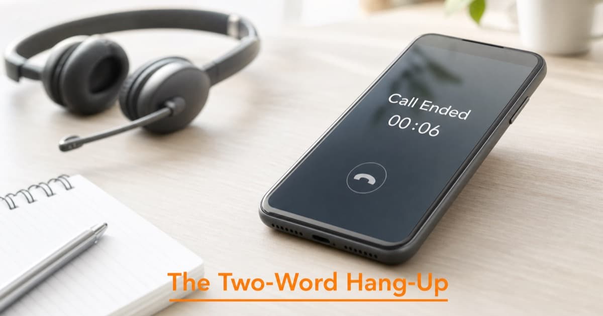 A smartphone showing a cold call ended at six seconds, propped beside a headset and notepad on a bright desk