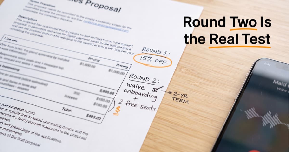 Overhead desk shot of a printed sales proposal annotated by hand, ROUND 1 marked 15% OFF circled in orange and ROUND 2 listing waive onboarding plus 2 free seats with an arrow to 2-YR TERM, a phone lying face-up mid-call with a waveform at the edge, bright wood desk