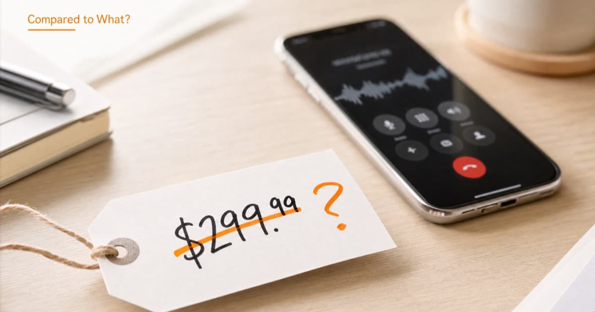 A close-up desk shot of a price tag with a number crossed out and a handwritten question mark beside it, a phone mid-call with a waveform blurred in the background, bright desk