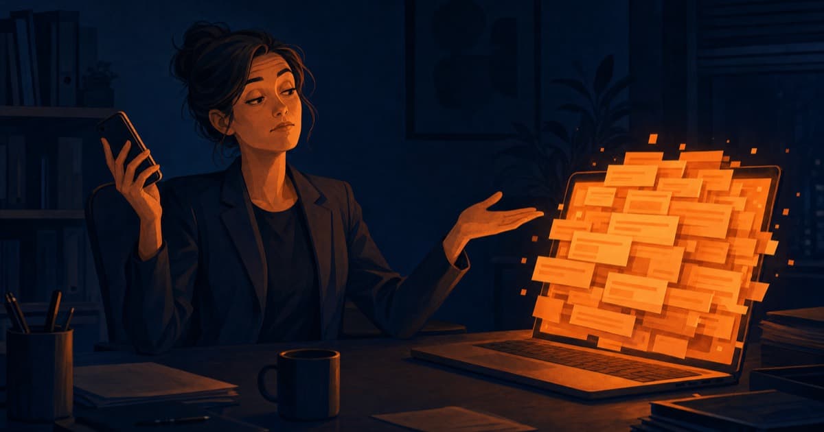 A busy manager waving off a phone call while pointing at an email inbox