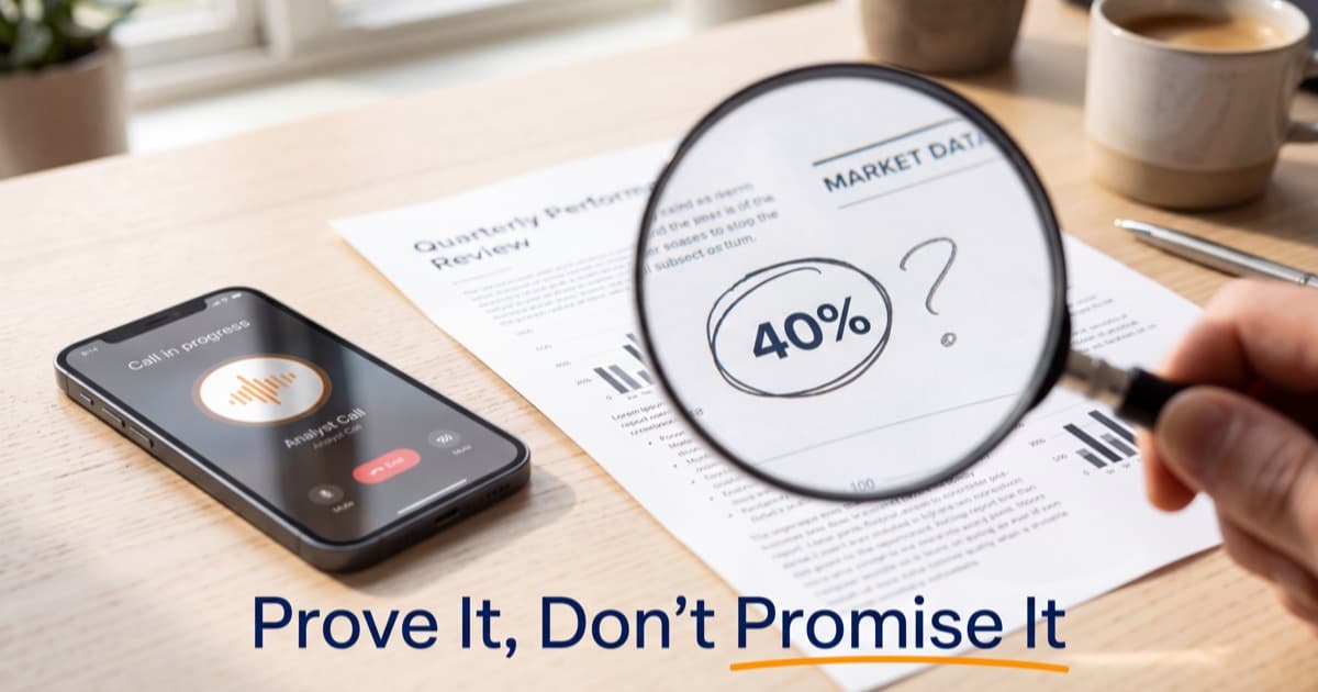 A hand holding a magnifying glass over a printed performance report, enlarging a circled 40% figure with a question mark beside it, next to a smartphone mid-call on a bright wood desk