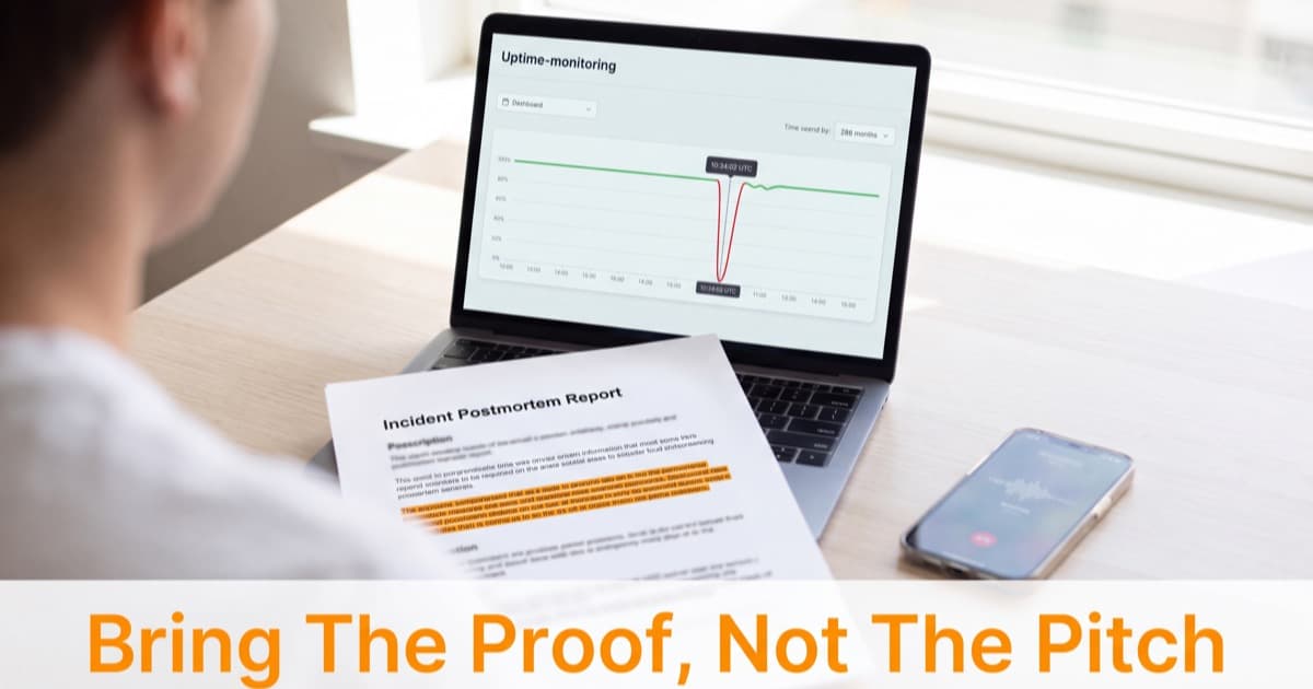 An over-the-shoulder view of a person at a laptop showing an uptime monitoring dashboard with a sharp red outage dip, a printed Incident Postmortem Report with one highlighted paragraph resting in front of it, bright desk beside a window